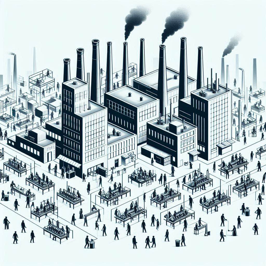 Illustration of a factory with numerous workers, symbolizing the GPU's parallel processing capability